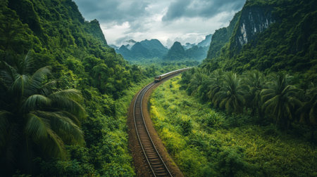 A captivating train winds through a vibrant mountain landscape, surrounded by lush greenery and dramatic clouds, showcasing the beauty of nature and travel.の素材