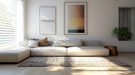 A bright and airy minimalist living room featuring a sleek sofa, decorative cushions, and modern artwork under natural light, perfect for relaxation.の素材