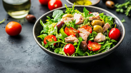 A vibrant salad featuring fresh greens, tuna, cherry tomatoes, and olives, perfect for a healthy meal. Enjoy a delicious, colorful dish packed with flavor!の素材