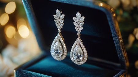 Capture the allure of elegance with these stunning earrings showcased in a luxurious jewelry box, perfect for special occasions or as a gift.の素材