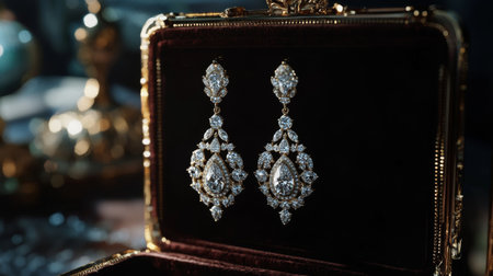 Stunning diamond earrings displayed elegantly in a luxurious box, showcasing the intricate design and brilliance of each gem, perfect for a high-fashion setting.の素材