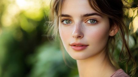 A captivating portrait of a young woman with soft features, set against a lush green background. Her serene expression and natural beauty exude freshness and calm.の素材