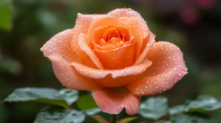 A beautiful fresh orange rose with delicate water drops on its petals, set against green foliage, ideal for enhancing floral-themed designs.の素材