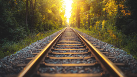 A serene view of railway tracks stretching into a lush forest at sunrise. The warm light enhances the tranquil atmosphere, inviting exploration.の素材