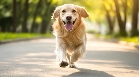 A joyful golden retriever runs through a sunny park, showcasing its playful spirit. The vibrant surroundings enhance the cheerful atmosphere of this beautiful scene.の素材