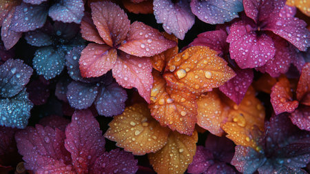 Close-up of colorful leaves adorned with water droplets, showcasing nature's beauty and vivid colors. Perfect for themes of freshness and serenity.の素材