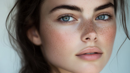 Captivating close-up portrait of a young woman showcasing natural beauty with freckles and striking blue eyes, emitting a serene and confident expression.の素材