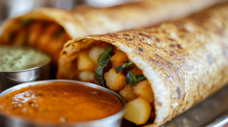Experience the rich flavors of Indian cuisine with this close-up of dosa, a crispy crepe filled with seasoned potatoes, served with vibrant sauces.の素材