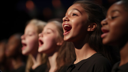 A lively scene of children joyfully singing together on stage, capturing the essence of harmony and passion in a vibrant performance.の素材