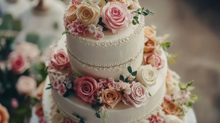 A stunning tiered wedding cake adorned with soft pink and white roses, perfect for celebrating love and special moments. Elevate your event decor!の素材