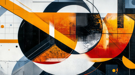 A vibrant abstract mural showcasing dynamic shapes and bold colors, perfect for backgrounds, artistic projects, or design inspiration.の素材