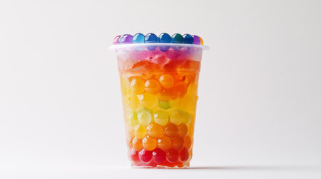 A vibrant, refreshing drink filled with colorful boba pearls in a clear cup. Perfect for summer parties, this eye-catching beverage is a sweet treat.の素材
