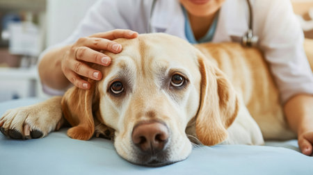 A compassionate veterinarian interacts with a Labrador Retriever in a clinic, showcasing warmth and trust in an animal care setting.の素材