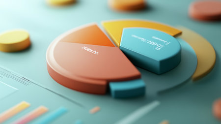 A vibrant 3D pie chart representing data analysis, featuring colorful segments and accompanying elements. Perfect for business presentations and reports.の素材