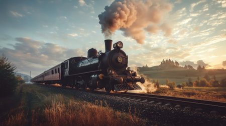 A vintage steam train travels through a picturesque landscape at sunset, offering a sense of nostalgia and adventure amidst the natural beauty.の素材