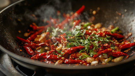 A vibrant scene of red chili peppers and fresh herbs sizzling in a wok, creating a delicious and aromatic dish. Ideal for culinary themes.の素材