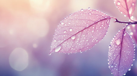 Soft pastel leaves adorned with glistening raindrops create a tranquil atmosphere, highlighting nature's beauty in a dreamy, serene composition.の素材