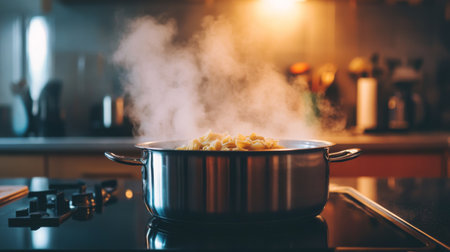 A steaming pot of pasta sits on a modern kitchen stove, capturing the essence of home cooking. The warm, inviting atmosphere highlights culinary creativity.の素材