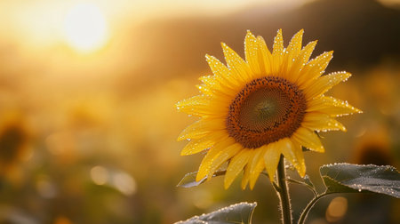 A radiant sunflower glistens with morning dew, illuminated by the soft sunlight in a serene landscape, exemplifying the beauty of nature's blooms.の素材