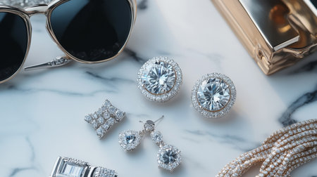 A stunning arrangement of elegant jewelry and stylish accessories on a marble surface, showcasing the beauty and luxury of diamonds and gold pieces.の素材