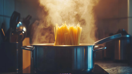 A steaming pot of pasta on the stove, showcasing the cooking process. The vibrant steam highlights the delicious nature of preparing Italian cuisine.の素材