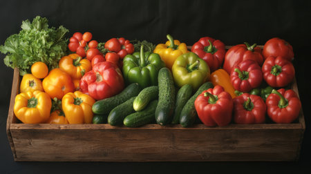 A vibrant assortment of fresh vegetables including peppers, cucumbers, and tomatoes arranged in a rustic wooden crate, showcasing healthy eating and cooking options.の素材