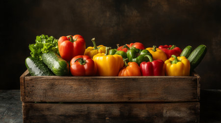 A vibrant assortment of fresh vegetables, including peppers and cucumbers, beautifully arranged in a rustic wooden crate, perfect for healthy meal inspiration.の素材
