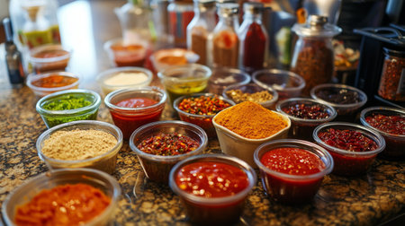 A vibrant display of various spices and sauces arranged on a kitchen counter, showcasing diverse flavors and colors ideal for culinary creations.の素材