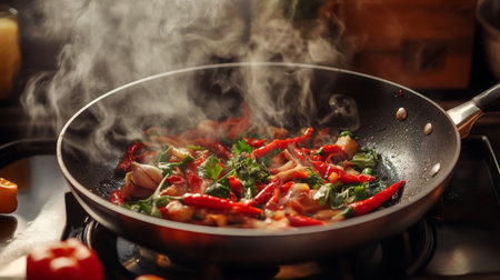 A vibrant cooking scene showcasing fresh vegetables in a pan, creating steam and an inviting aroma. Perfect for culinary and food-related projects.の素材