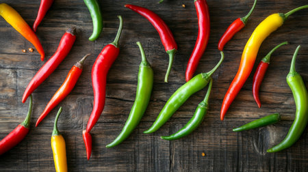 A vibrant display of fresh chili peppers of various colors on a wooden background, perfect for culinary themes, healthy cooking, and spicy flavors.の素材