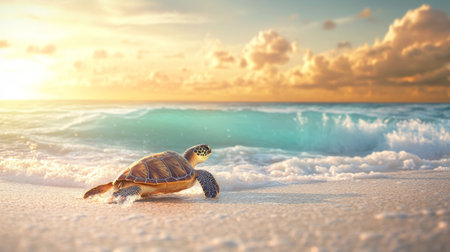 A beautiful sea turtle makes its way across a sandy beach under a stunning sunset. The vibrant colors of the sky and ocean waves create a serene atmosphere, highlighting the beauty of marine life.の素材