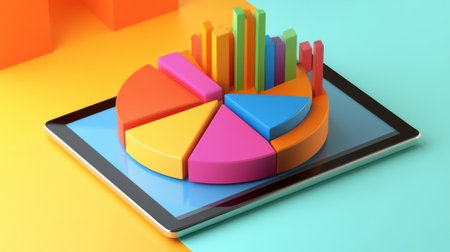 Vibrant 3D graph displayed on a tablet screen showcases data visualization tools. Ideal for business, finance, and technology themes highlighting analysis.の素材