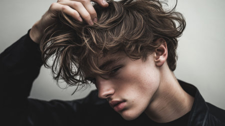 A stylish portrait of a young man showcasing his trendy hairstyle. The closeup captures thoughtful emotions and a serene vibe in a contemporary setting.の素材