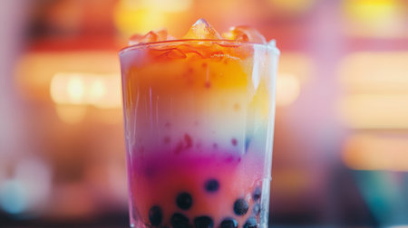 A vibrant, colorful drink featuring layers of fruity flavors and bubbles, served over ice. Perfect for summer parties or casual gatherings, this refreshing beverage stands out with its delightful presentation.の素材