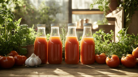 This image showcases fresh tomato juice in glass bottles, surrounded by vibrant tomatoes and herbs, capturing the essence of a healthy garden harvest.の素材