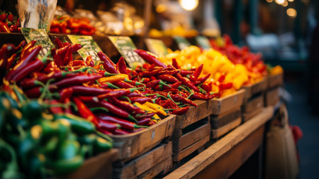 A colorful array of fresh peppers displayed in a market stall, showcasing vibrant red, yellow, and green hues, perfect for culinary enthusiasts and healthy eating.の素材