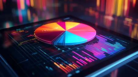 A vibrant pie chart showcased on a digital screen, representing data analytics and visualization in a modern workspace. Ideal for business and technology themes.の素材