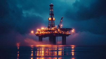 A striking image of an oil rig illuminated at night, reflecting on the ocean surface. Dramatic lighting sets a moody atmosphere in this industrial scene.の素材