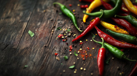 A vibrant arrangement of fresh chili peppers in various colors on a rustic wooden table. Perfect for food photography and culinary themes.の素材