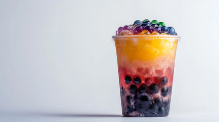 A vibrant layered drink showcasing bubbles and fruit toppings in a clear cup. Ideal for summer gatherings, this refreshing beverage is visually delightful.の素材