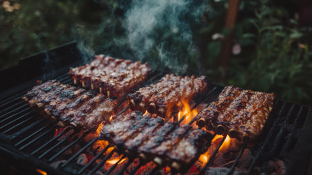 Juicy ribs cooking on a barbecue grill, surrounded by smoke and flames, creating a delicious outdoor dining experience perfect for summer gatherings.の素材