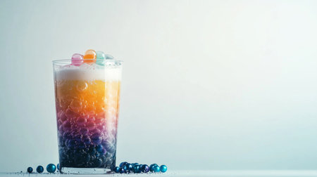 A vibrant drink showcasing a layered effect with pearls and bubbles, perfect for summer parties. Ideal for refreshing moments and stylish presentations.の素材