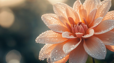 A close-up view of a delicate flower adorned with water droplets, capturing the essence of beauty and tranquility in soft, natural light. Perfect for nature themes.の素材