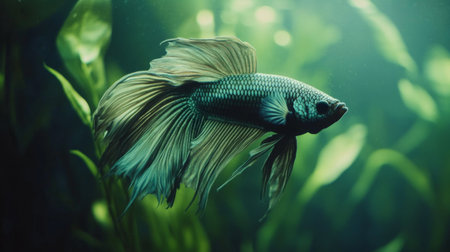 A captivating image of a betta fish gliding gracefully through lush green aquatic plants. The vibrant colors and serene setting evoke a sense of tranquility.の素材