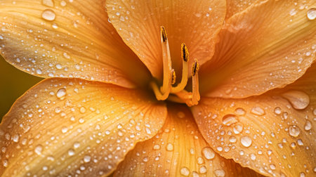 Captivating close-up of an orange flower featuring glistening water droplets on its petals, showcasing the beauty of nature and vibrant colors.の素材