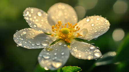 A close-up view of a delicate flower with water droplets on its petals, set against a soft glowing background. Ideal for nature and beauty themes.の素材