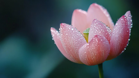 A stunning closeup of a pink lotus flower adorned with dew drops, capturing the beauty of nature. The delicate petals reflect serenity and freshness in an enchanting garden setting.の素材