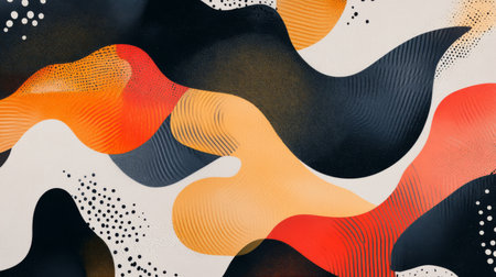 This abstract artwork features dynamic waves in warm and cool tones, creating a vibrant and modern graphic suitable for various design projects.の素材