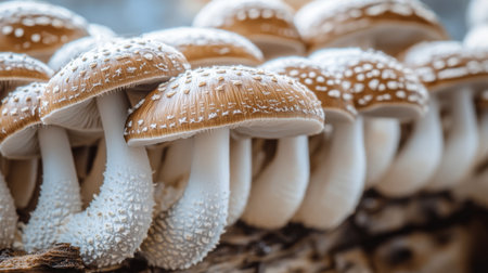 A close-up view of fresh mushrooms growing on a log, showcasing their unique textures and colors. This photograph highlights natural beauty and organic growth.の素材