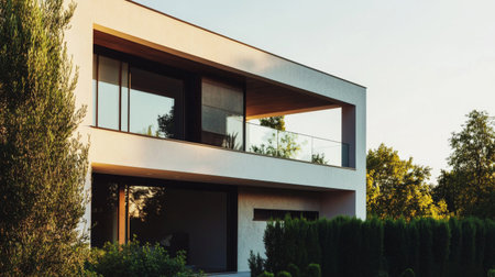 A stunning modern house showcasing sleek design and large windows, surrounded by lush greenery. Perfect for capturing contemporary living and nature.の素材